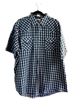 ELY CATTLEMAN -MENS BLUE PLAID BUTTON-DOWN SHORT SLEEVE TALL MAN SHIRT SIZE 2XLT
